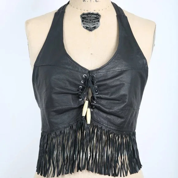 Vintage Black Leather Halter Top with Fringe & Beads Boho Hippie Biker Rock - Picture 3 of 4